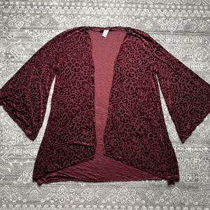 L and B Lucky Blessed Burnout Velvet Cardigan Kimono Size Large Burgundy Leopard